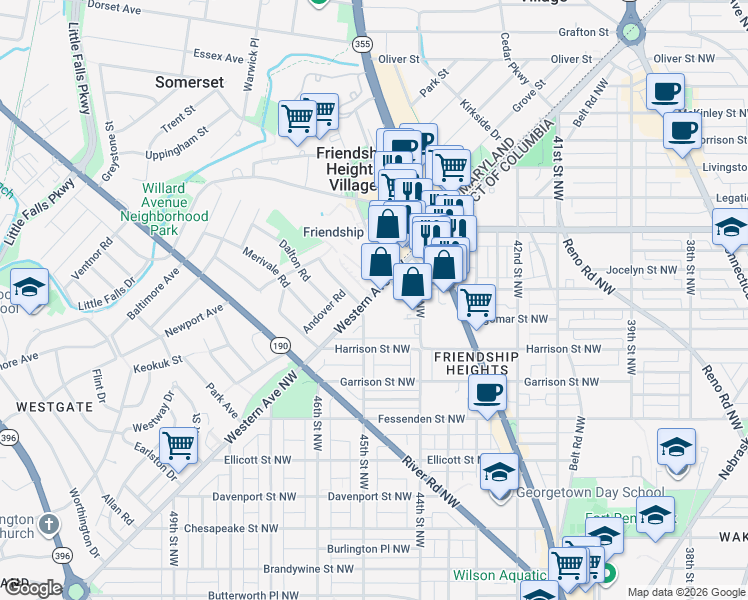map of restaurants, bars, coffee shops, grocery stores, and more near in Washington