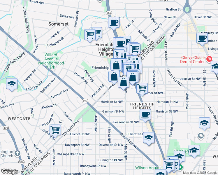 map of restaurants, bars, coffee shops, grocery stores, and more near in Bethesda