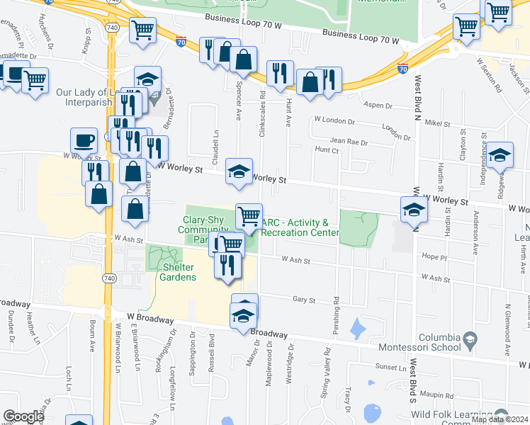 map of restaurants, bars, coffee shops, grocery stores, and more near 1515 Lowe Street in Columbia