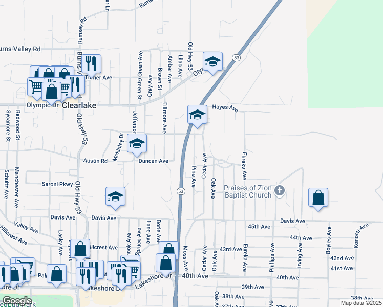 map of restaurants, bars, coffee shops, grocery stores, and more near 3767 Pine Avenue in Clearlake