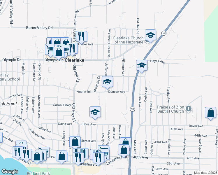 map of restaurants, bars, coffee shops, grocery stores, and more near in Clearlake