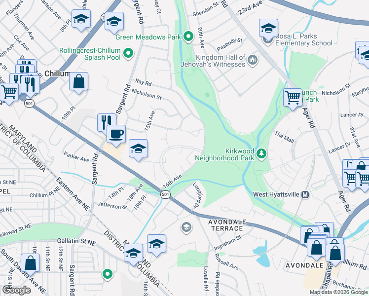 map of restaurants, bars, coffee shops, grocery stores, and more near Cypress Creek Drive in Chillum