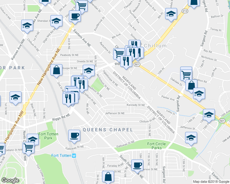 map of restaurants, bars, coffee shops, grocery stores, and more near 654 Nicholson Street Northeast in Washington