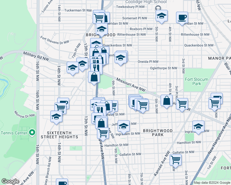 map of restaurants, bars, coffee shops, grocery stores, and more near 5705 9th Street Northwest in Washington