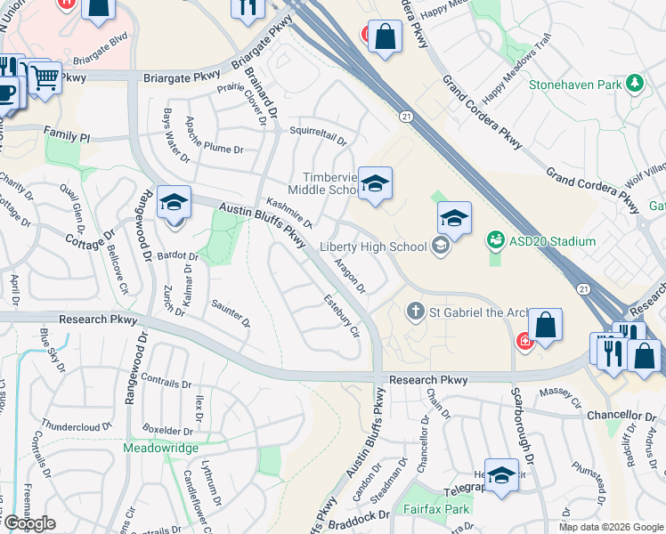 map of restaurants, bars, coffee shops, grocery stores, and more near 8731 Estebury Circle in Colorado Springs