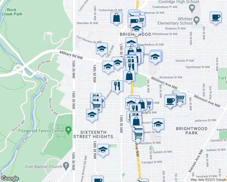 map of restaurants, bars, coffee shops, grocery stores, and more near 5709 Colorado Avenue Northwest in Washington