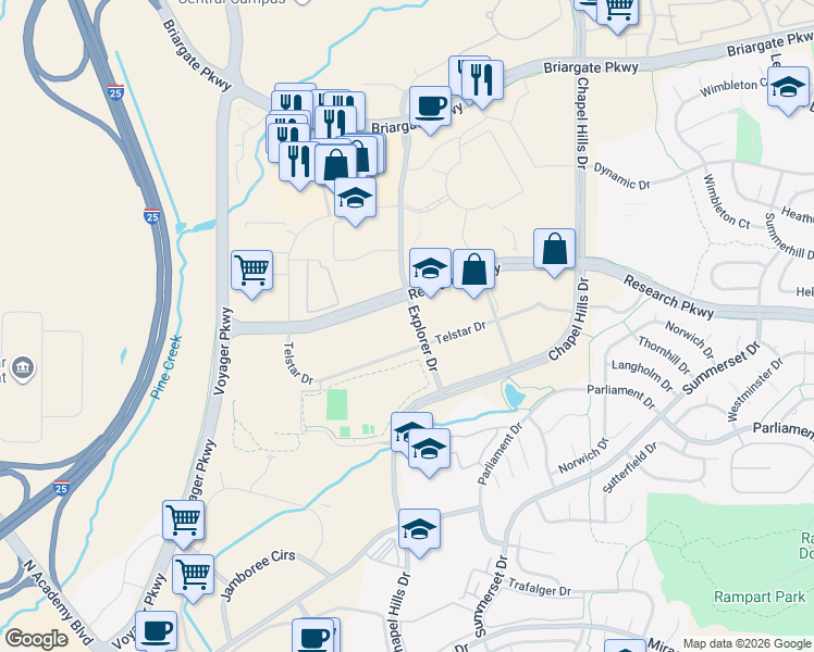 map of restaurants, bars, coffee shops, grocery stores, and more near 2075 Research Parkway in Colorado Springs