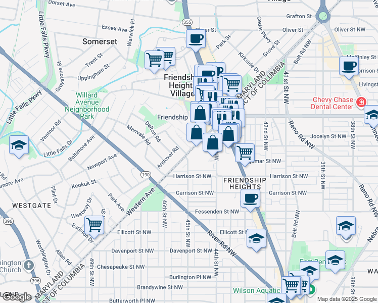 map of restaurants, bars, coffee shops, grocery stores, and more near in Bethesda