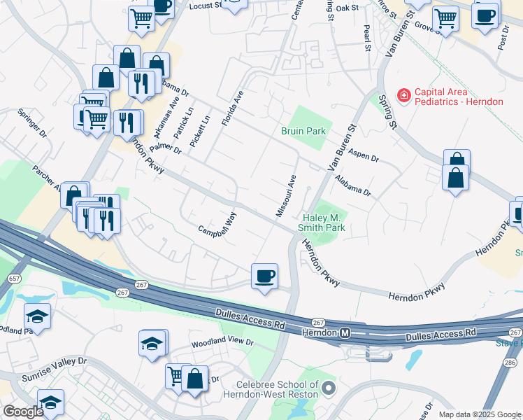 map of restaurants, bars, coffee shops, grocery stores, and more near 656 Herndon Parkway in Herndon