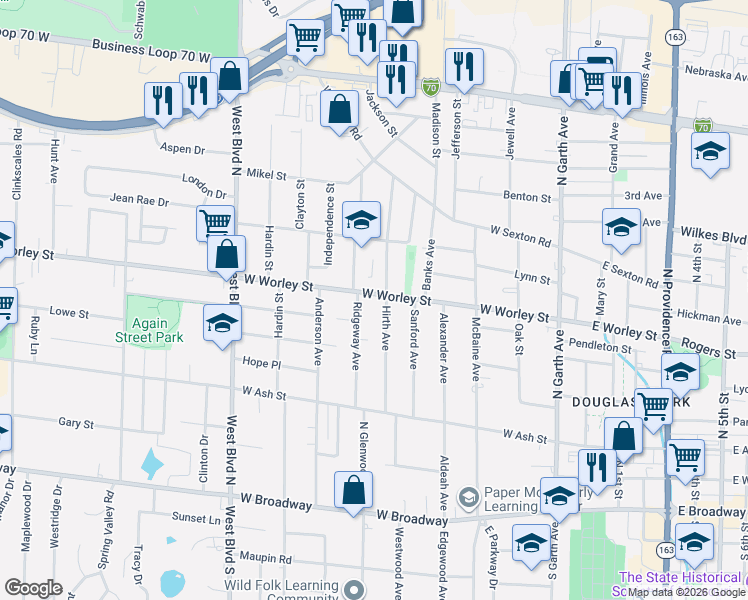 map of restaurants, bars, coffee shops, grocery stores, and more near 604 West Worley Street in Columbia