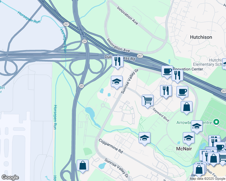 map of restaurants, bars, coffee shops, grocery stores, and more near 2355 Dulles Corner Boulevard in Herndon