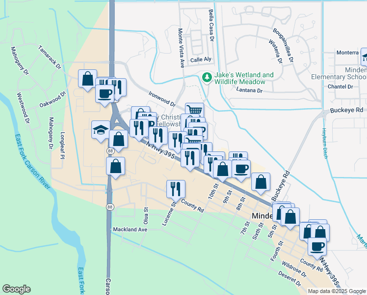 map of restaurants, bars, coffee shops, grocery stores, and more near 1659 U.S. 395 in Minden