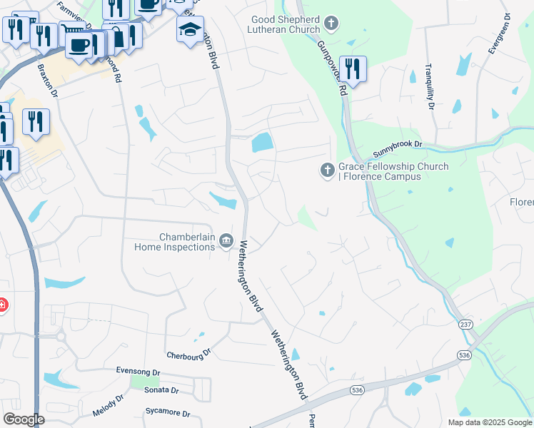 map of restaurants, bars, coffee shops, grocery stores, and more near 4048 Calvert Court in Florence