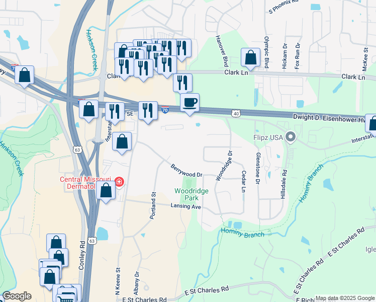 map of restaurants, bars, coffee shops, grocery stores, and more near 3621 Evergreen Lane in Columbia
