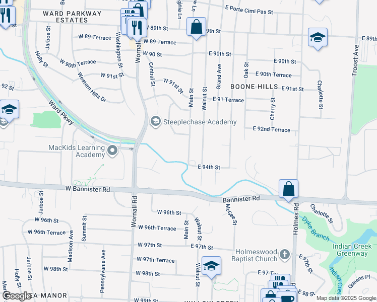 map of restaurants, bars, coffee shops, grocery stores, and more near 4 East 94th Street in Kansas City