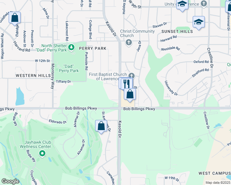 map of restaurants, bars, coffee shops, grocery stores, and more near 1439 Kasold Drive in Lawrence