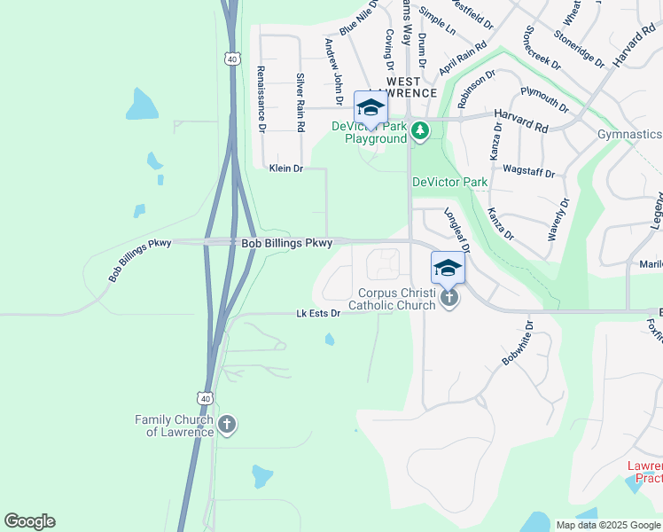 map of restaurants, bars, coffee shops, grocery stores, and more near 1545A Legend Trail Drive in Lawrence