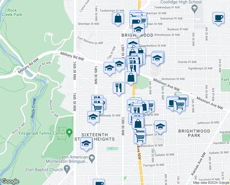 map of restaurants, bars, coffee shops, grocery stores, and more near 5709 Colorado Avenue Northwest in Washington