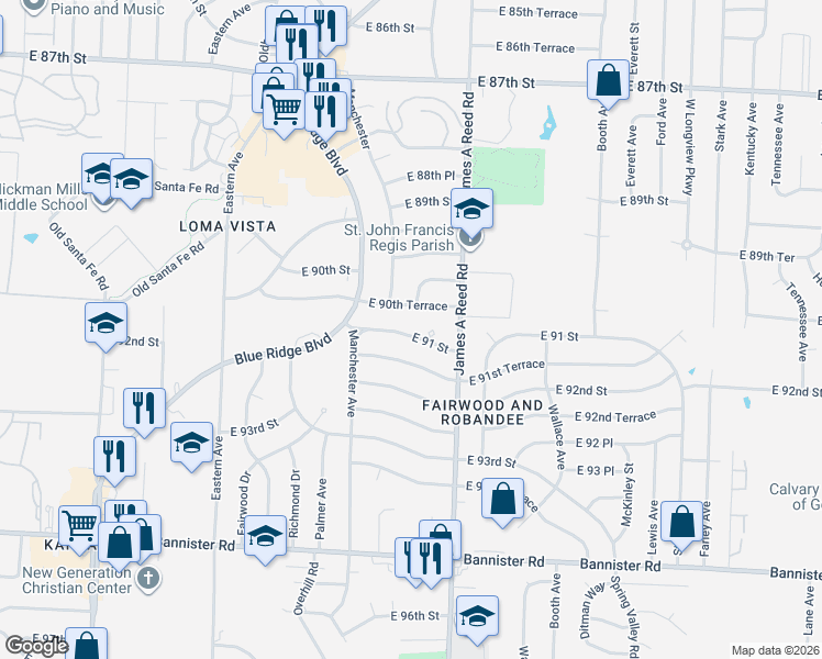 map of restaurants, bars, coffee shops, grocery stores, and more near 8004 East 91st Terrace in Kansas City