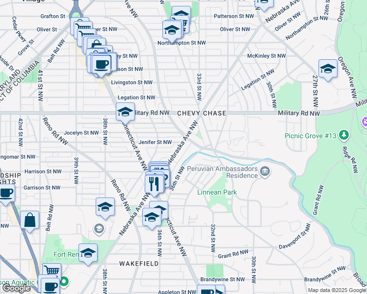 map of restaurants, bars, coffee shops, grocery stores, and more near 5267 Nebraska Avenue Northwest in Washington