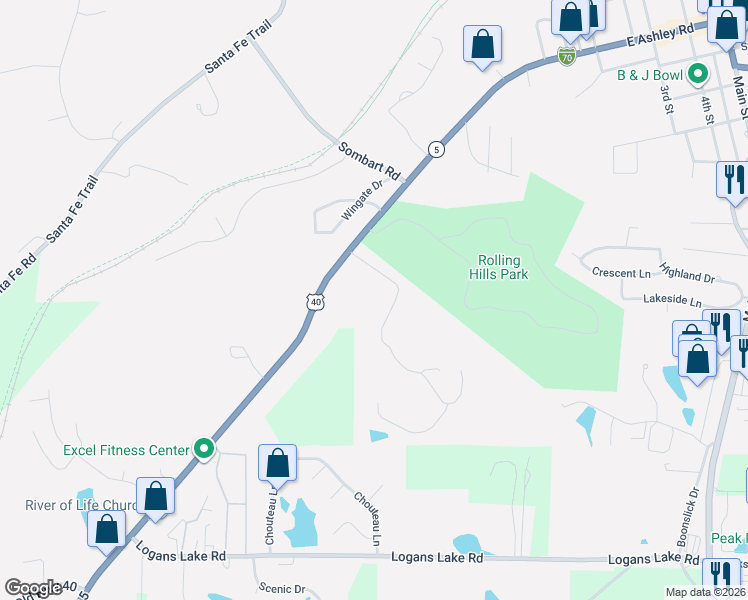 map of restaurants, bars, coffee shops, grocery stores, and more near 1208 West Ashley Road in Boonville