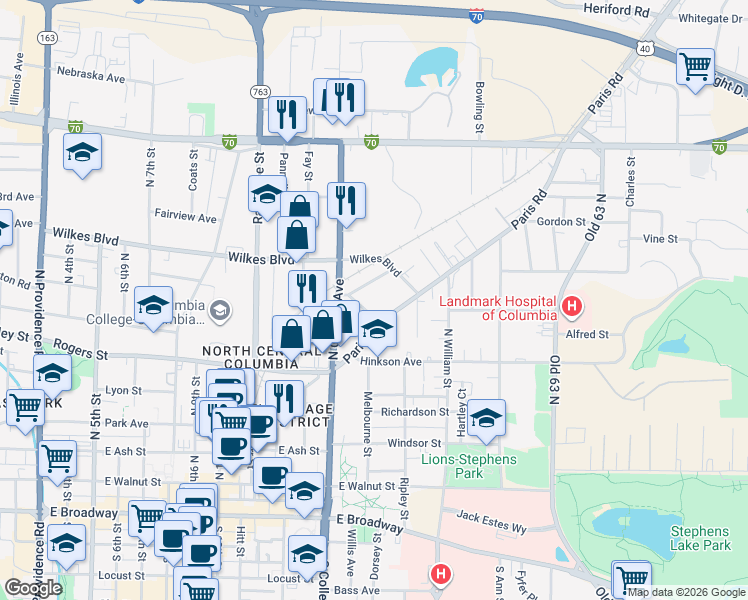 map of restaurants, bars, coffee shops, grocery stores, and more near 1317 Paris Road in Columbia