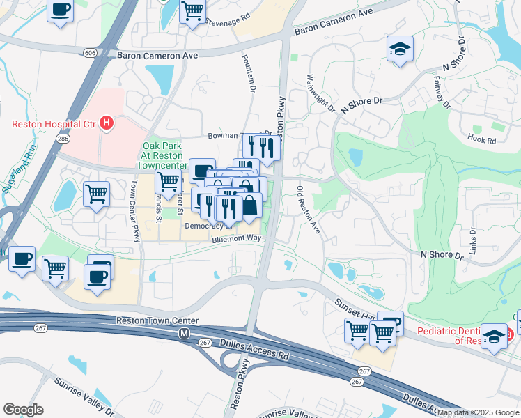map of restaurants, bars, coffee shops, grocery stores, and more near 11403 Market Street in Reston