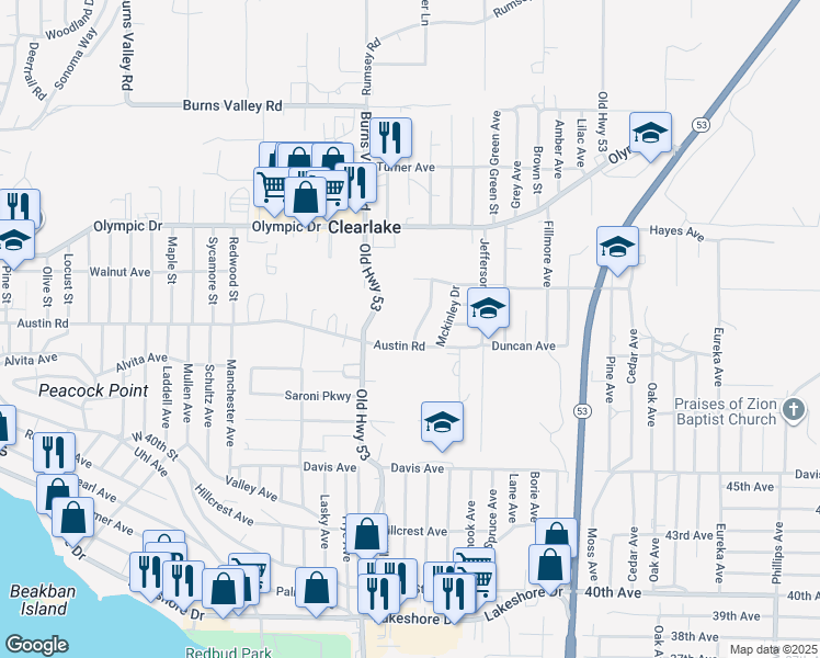 map of restaurants, bars, coffee shops, grocery stores, and more near 3707 Madison Drive in Clearlake