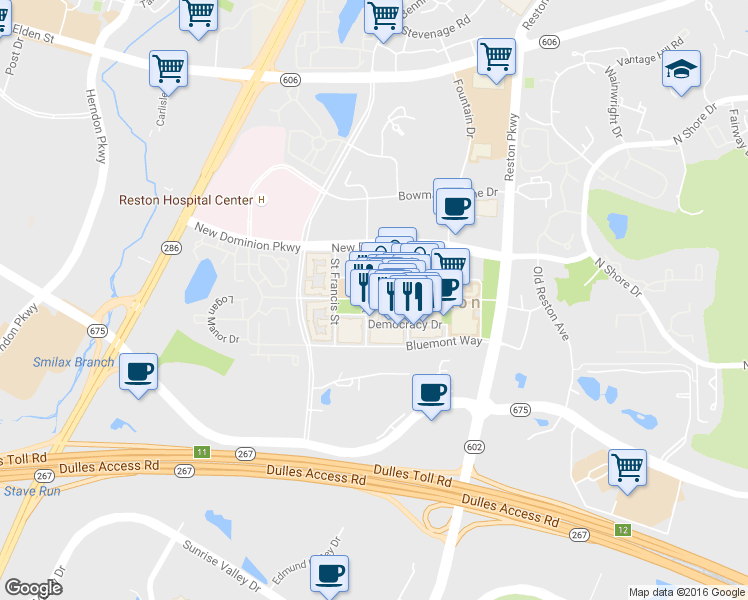 map of restaurants, bars, coffee shops, grocery stores, and more near 11900 Market Street in Reston