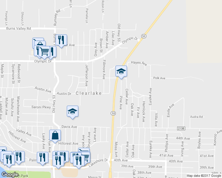 map of restaurants, bars, coffee shops, grocery stores, and more near 3688 Lincoln Avenue in Clearlake