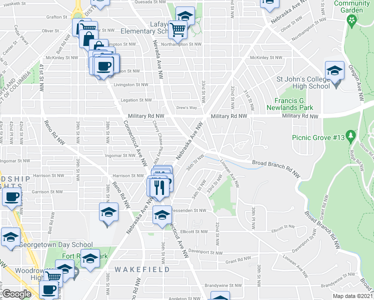 map of restaurants, bars, coffee shops, grocery stores, and more near 5267 Nebraska Avenue Northwest in Washington