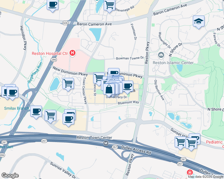 map of restaurants, bars, coffee shops, grocery stores, and more near Market St in Reston