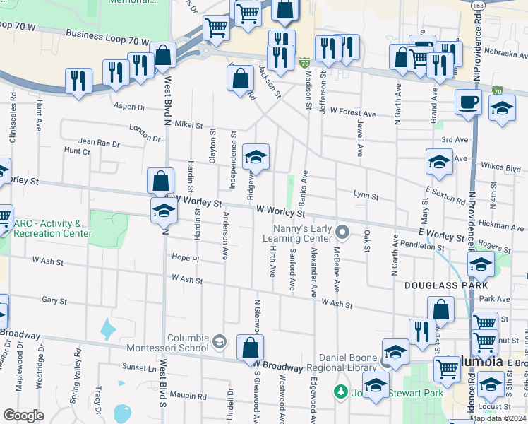 map of restaurants, bars, coffee shops, grocery stores, and more near 604 West Worley Street in Columbia