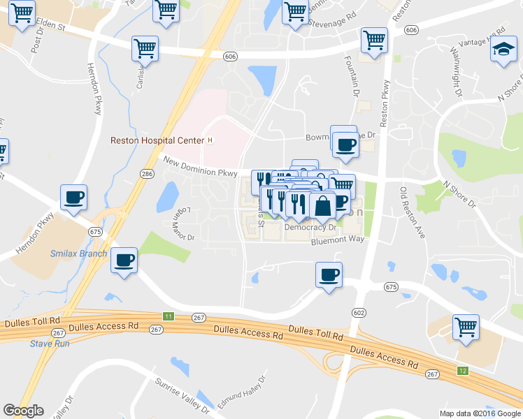 map of restaurants, bars, coffee shops, grocery stores, and more near 11900 Market Street in Reston
