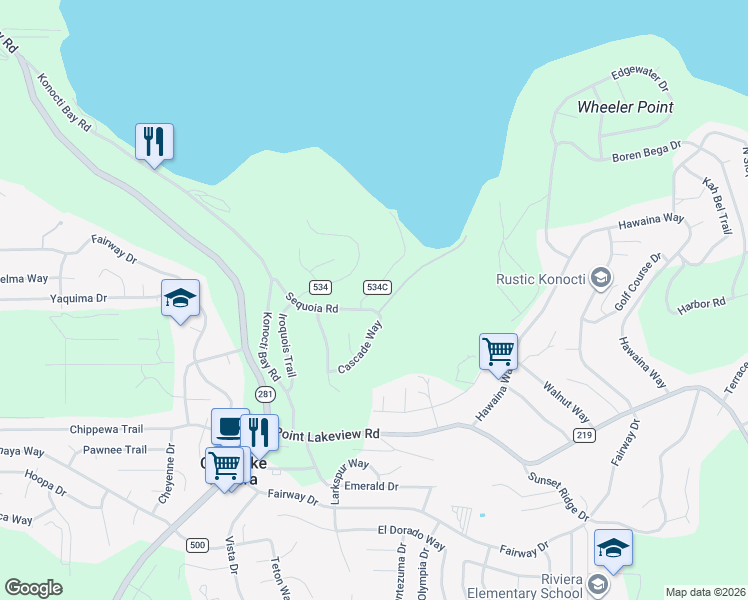 map of restaurants, bars, coffee shops, grocery stores, and more near 4767 Cascade Way in Kelseyville