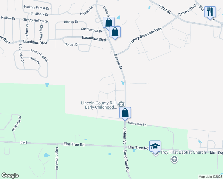 map of restaurants, bars, coffee shops, grocery stores, and more near 1031 Park Hills Parkway in Troy