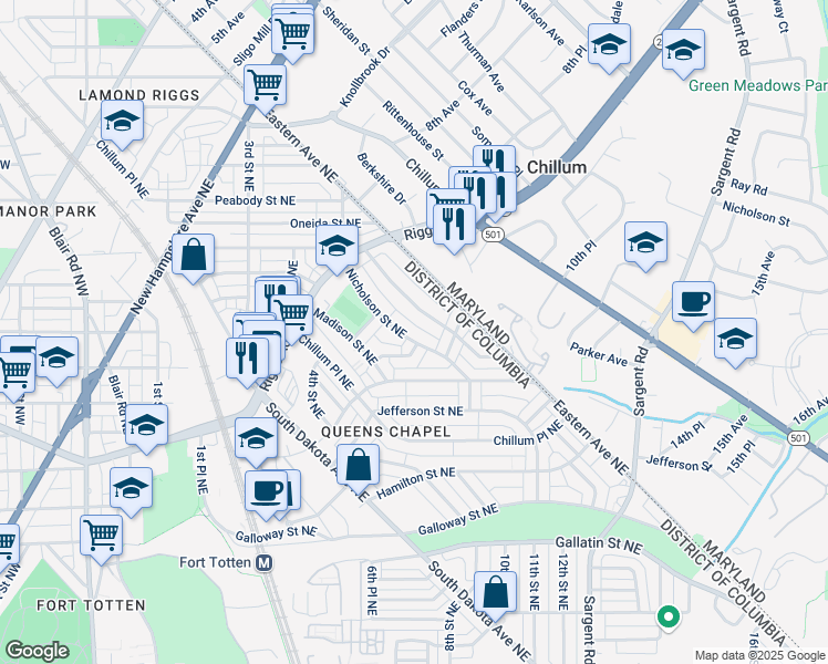 map of restaurants, bars, coffee shops, grocery stores, and more near 654 Nicholson Street Northeast in Washington