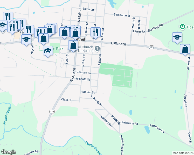 map of restaurants, bars, coffee shops, grocery stores, and more near 411 South East Street in Bethel