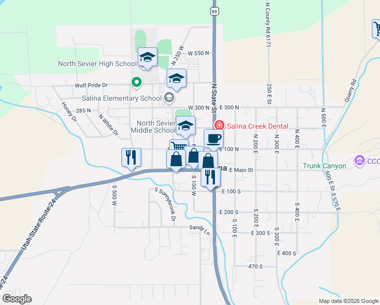 map of restaurants, bars, coffee shops, grocery stores, and more near 91 North 100 West in Salina