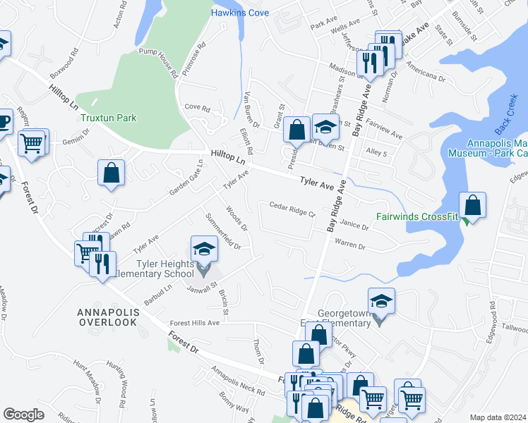 map of restaurants, bars, coffee shops, grocery stores, and more near 1117 Cedar Ridge Court in Annapolis