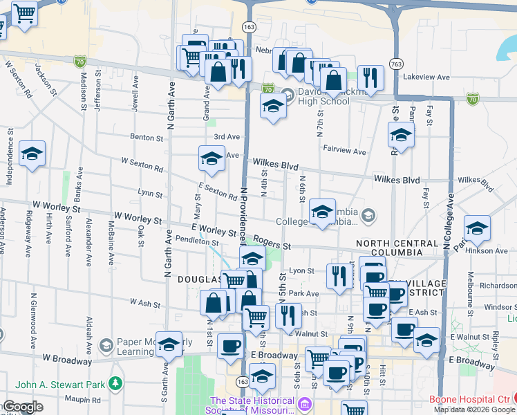 map of restaurants, bars, coffee shops, grocery stores, and more near 702 North 4th Street in Columbia