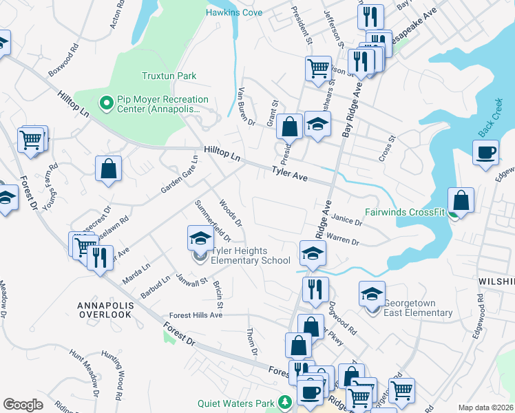 map of restaurants, bars, coffee shops, grocery stores, and more near 1117 Cedar Ridge Court in Annapolis