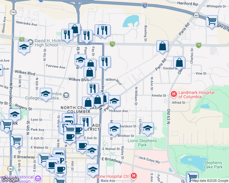 map of restaurants, bars, coffee shops, grocery stores, and more near 1407 Paris Road in Columbia