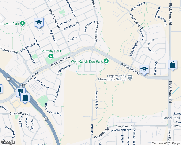 map of restaurants, bars, coffee shops, grocery stores, and more near 8814 Wolf Lake Drive in Colorado Springs