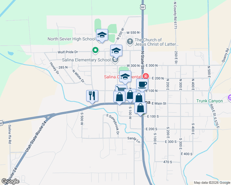 map of restaurants, bars, coffee shops, grocery stores, and more near 89 North 200 West in Salina