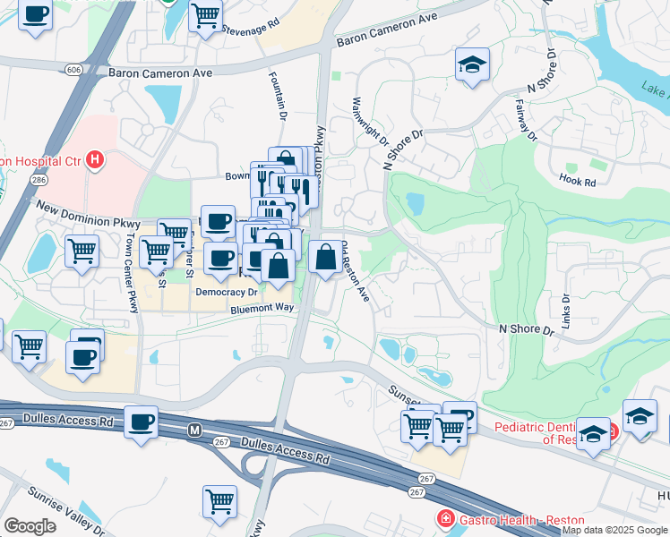 map of restaurants, bars, coffee shops, grocery stores, and more near 11776 Stratford House Place in Reston