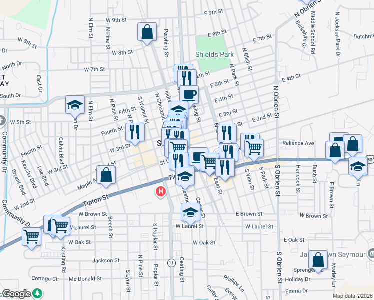 map of restaurants, bars, coffee shops, grocery stores, and more near 118 E 2nd St in Seymour