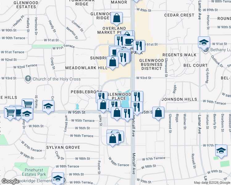 map of restaurants, bars, coffee shops, grocery stores, and more near 9350 Metcalf Avenue in Overland Park