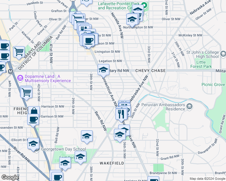 map of restaurants, bars, coffee shops, grocery stores, and more near 5231 Connecticut Avenue Northwest in Washington