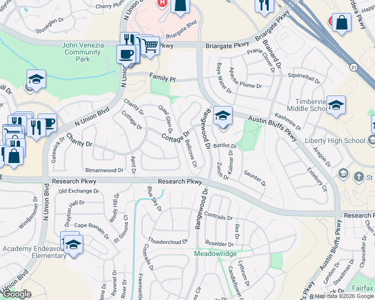 map of restaurants, bars, coffee shops, grocery stores, and more near 8950 Bellcove Circle in Colorado Springs